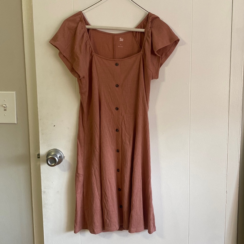 Blush pink square neck dress with buttons